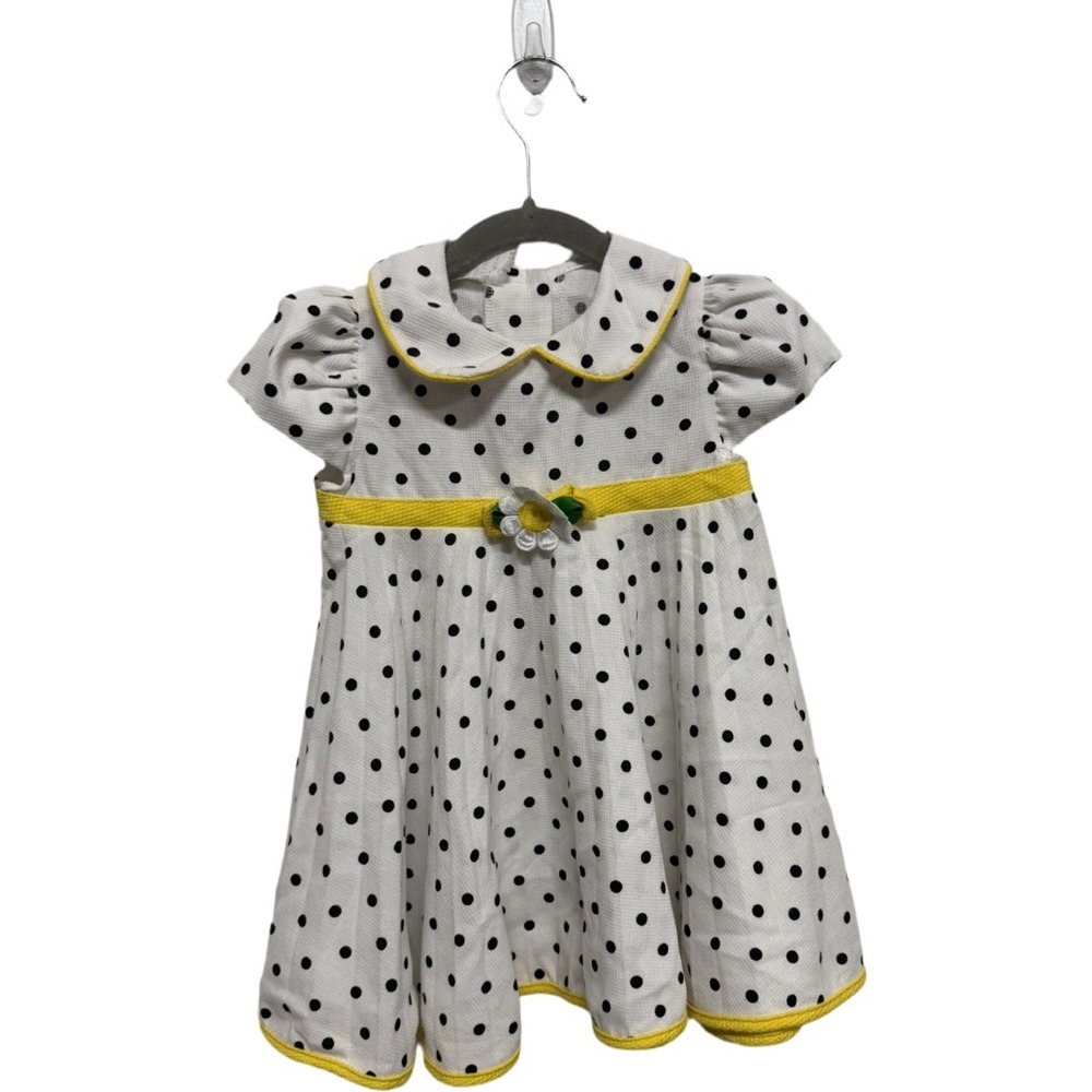 Vintage Bonnie Baby Girls Polka Dot Dress White Black Peter Pan Collar 24M